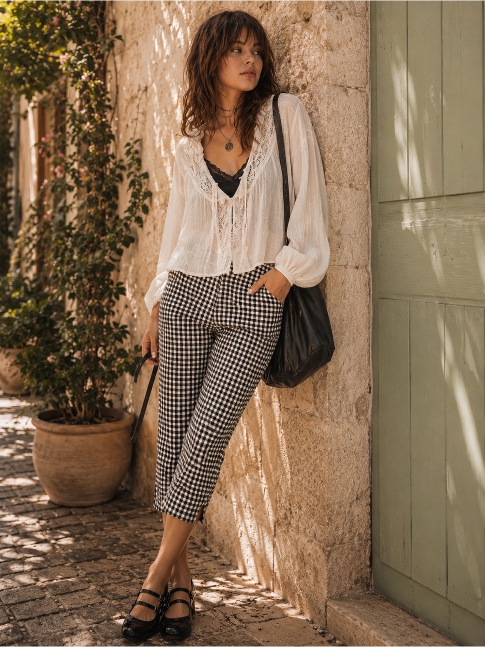 Cottagecore Gingham Capri Pants Black & White Stretch Petite Large